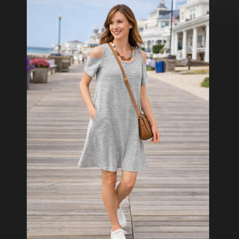 J. Jill Fit Knit Dress Medium Petite Stripe Cold Shoulder Pockets Relaxed Casual